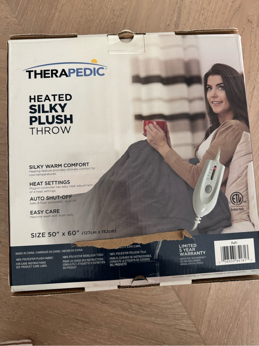 Therapedic Heated Silky Plush Throw 50”x60” - Ash gray